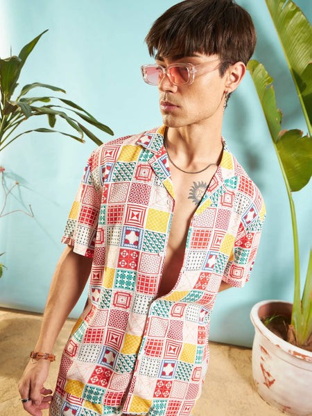 Men White & Red Conversational Print Relax Fit Shirt-MSSHRT20457