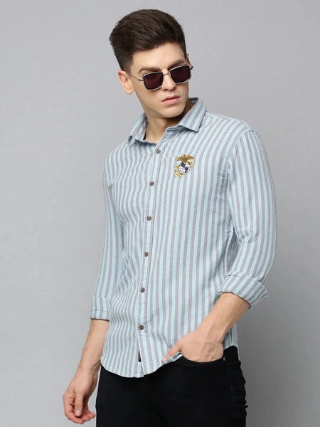 Men Green Striped Casual Shirt-NEOCHECKS-5178-Seagreen