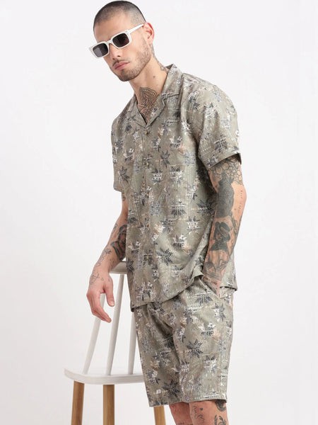Men Abstract Cuban Collar Green Co-Ords Set-Cyril-2504-Green