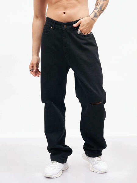 Men Black Knee Slit Relax Fit Jeans-MSJEAN0364