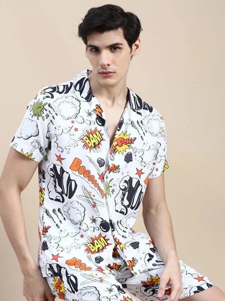 Men White Printed Casual Co ord Set-MARSHALL-1859-White