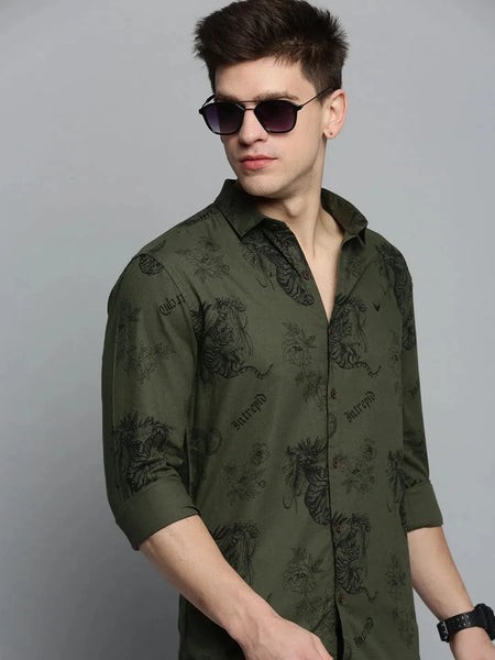 Men Green Printed Casual Shirt-COLMPRINT-3101-Olive