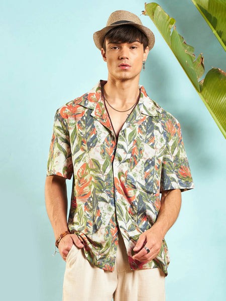 Men Beige Tropical Print Relax Fit Shirt-MSSHRT20439
