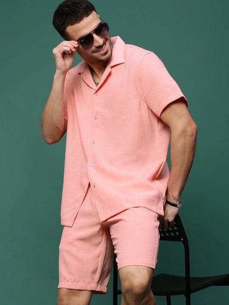 Men Peach Cuban Collar Solid Co Ords Set-Jethro-3281-Peach