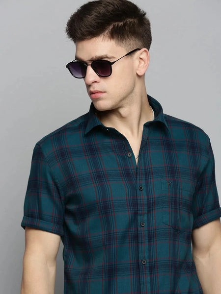Men Blue Checked Casual Shirt-MAYACHECKS-4410-Teal