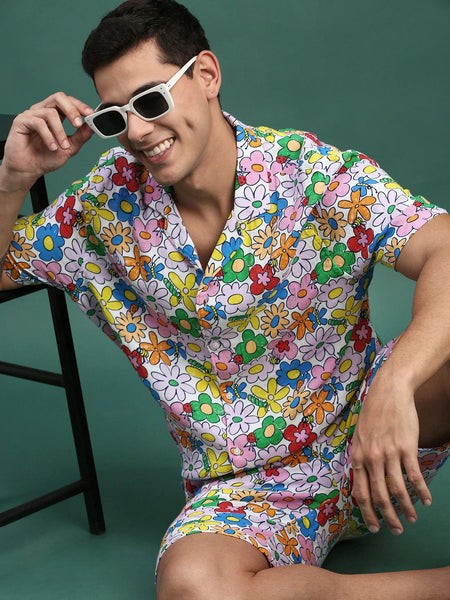 Men Printed Cuban Collar Multi Relaxed Fit Co Ords Set-Lucas-3124-Multi