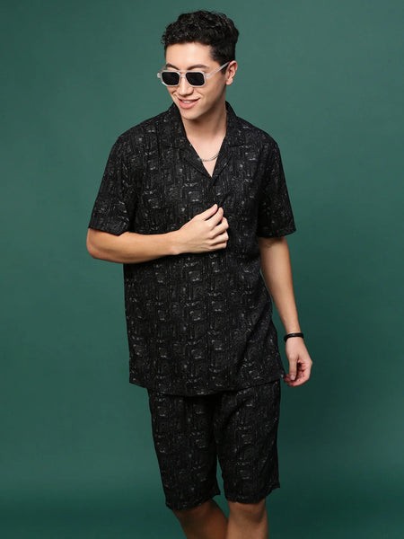 Men Black Cuban Collar Printed Co Ords Set-Kinsey-3330-Black