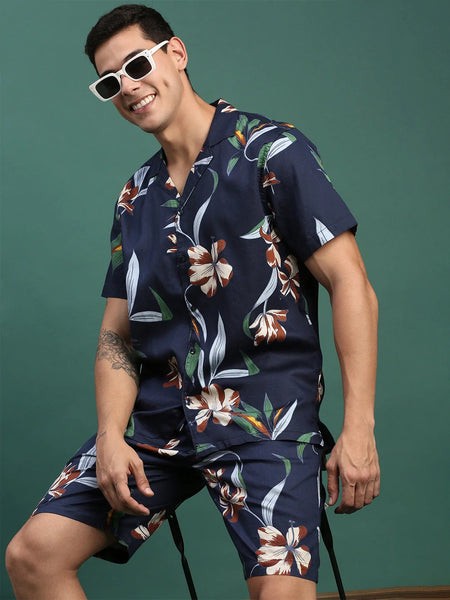 Men Printed Cuban Collar Navy Blue Relaxed Fit Co Ords Set-Lucas-3126-Navyblue