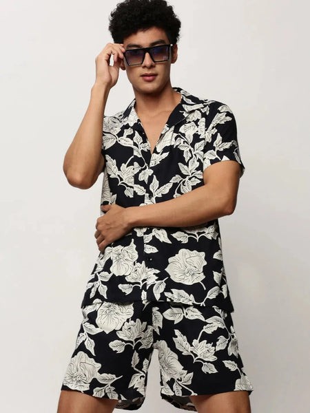 Men Navy Printed Casual Co ords-AM-105-5-Navyblue