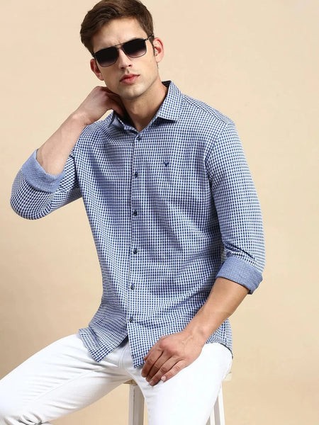Men Navy Checked Casual Shirt-LUCASKNITS-4597-Navyblue