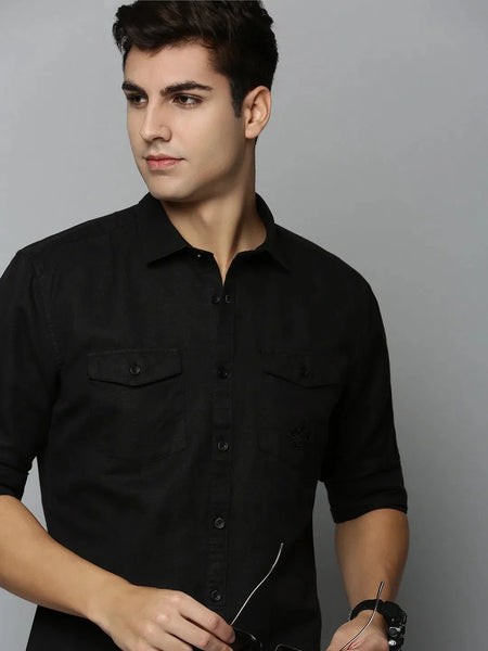 Men Black Solid Casual Shirt-DARIANPURELINEN-3295-Black