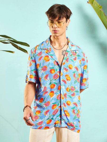 Men Blue Fruit Print Relax Fit Shirt-MSSHRT20443