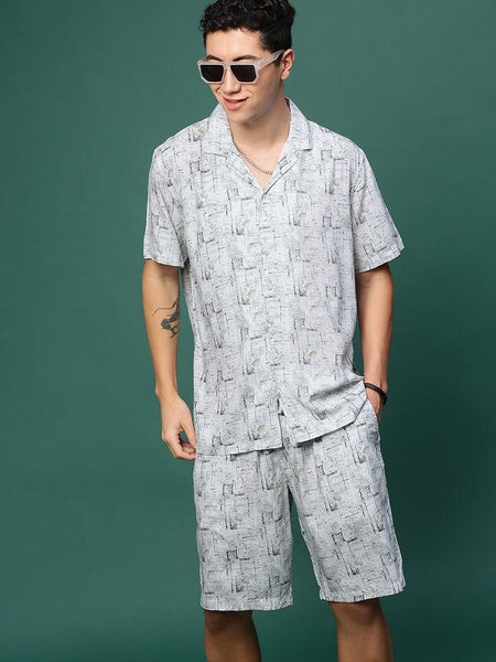 Men Off White Cuban Collar Printed Co Ords Set-Kinsey-3329-Offwhite