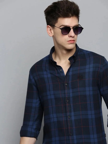 Men Navy Checked Casual Shirt-AARONCHECKS-4340-Navyblue