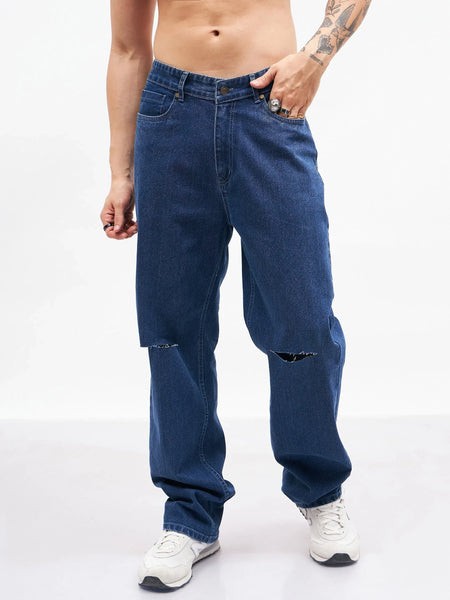 Men Blue Knee Slit Relax Fit Jeans-MSJEAN0363