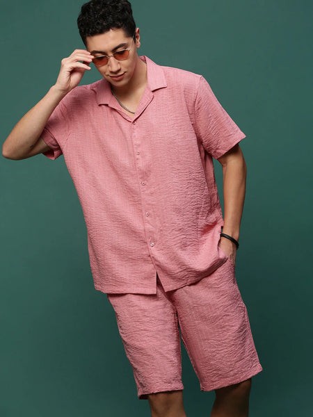 Men Pink Cuban Collar Solid Co Ords Set-Shiloh-3299-Pink