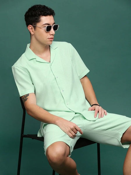 Men Sea Green Cuban Collar Solid Co Ords Set-Judah-3235-Seagreen