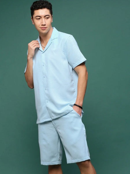 Men Blue Cuban Collar Solid Co Ords Set-Judah-3229-Blue
