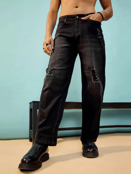 Men Black Washed Distressed Oversize Jeans-MSJEAN0499