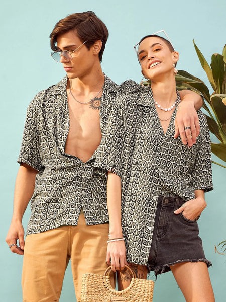 Unisex Brown Geometric Print Relax Fit Shirt-MSSHRT20390