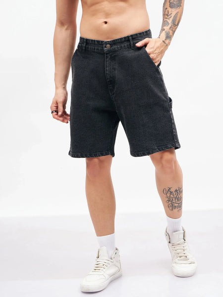 Men Black Relax Fit Denim Shorts-MSSHOR90067