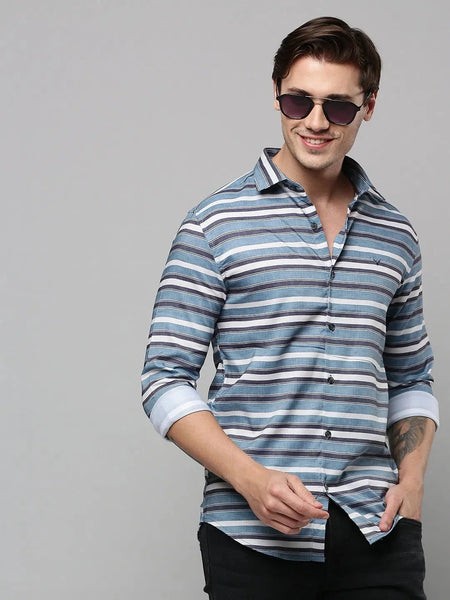 Men Blue Striped Casual Shirt-SPUNIMPORTSTRIRE-4683-Blue