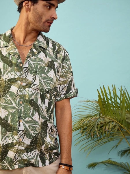 Unisex Olive Tropical Print Relax Fit Shirt-MSSHRT20405