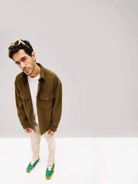 Men Brown Corduroy Oversized Shacket-MSSHRT20225