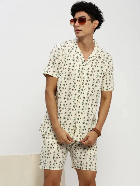 Men Cream Printed Co ordSet-AM-106-8-Cream
