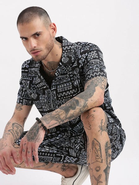 Men Geometric Print Cuban Collar Black Co-Ords Set-Mardel-2388-Black