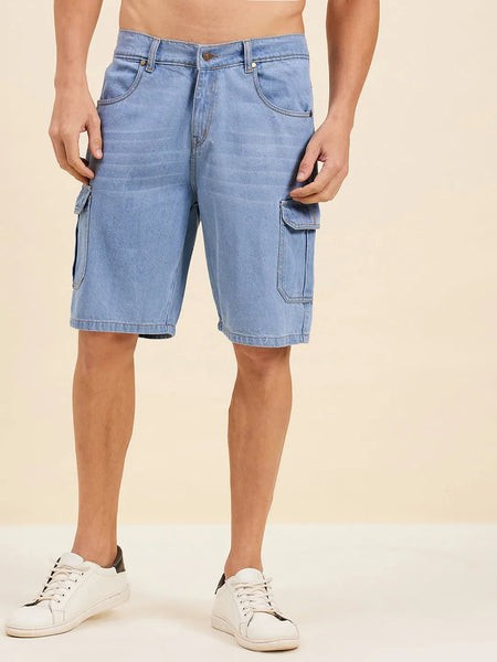 Men Blue Denim Box Pocket Shorts-MSSHOR90058