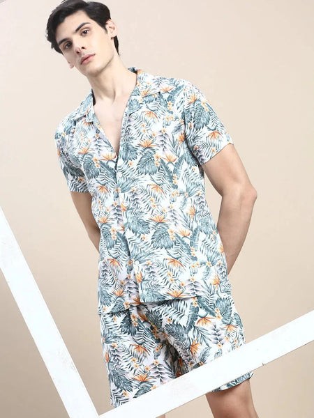 Men White Printed Casual Co ord Set-AM-95-5-White