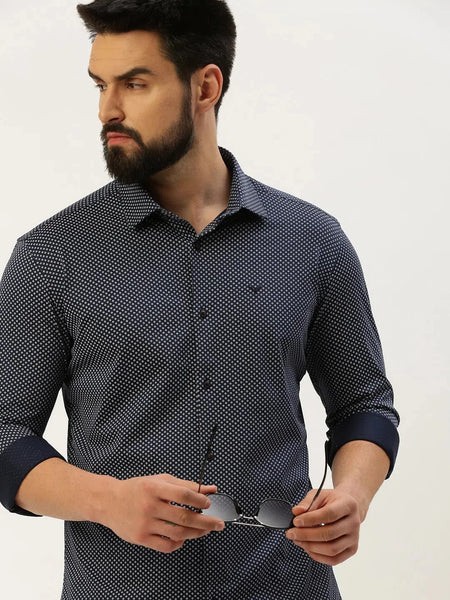 Men Navy Printed Casual Shirt-LUCASKNITS-4606-Navyblue