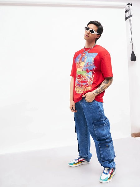 Men Blue Washed Utility Pocket Relax Fit Jeans-MSJEAN0360