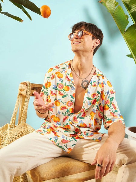 Men Beige Fruit Print Relax Fit Shirt-MSSHRT20450