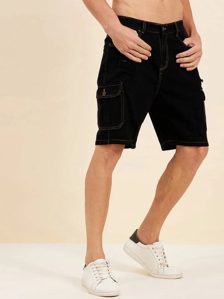 Men Black Denim Box Pocket Shorts-MSSHOR90059