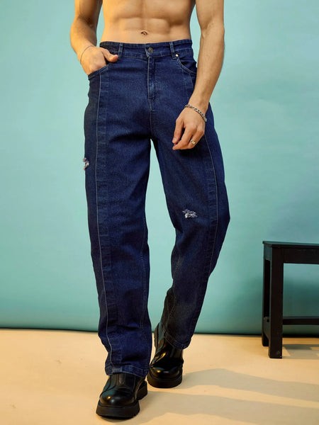 Men Navy Front Detail Oversize Jeans-MSJEAN0496