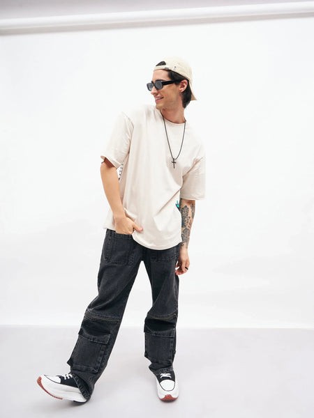 Men Black Front Zipper Baggy Fit Jeans-MSJEAN0362