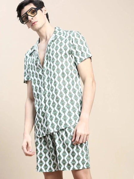 Men White Printed Casual Co ord Set-AM-92-3-Offwhite