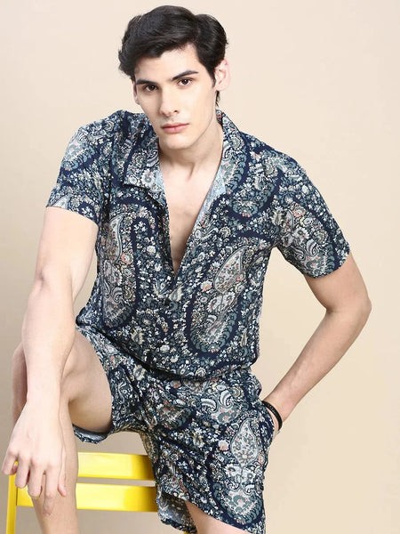 Men Navy Printed Casual Co ord Set-AM-92-11-Navyblue