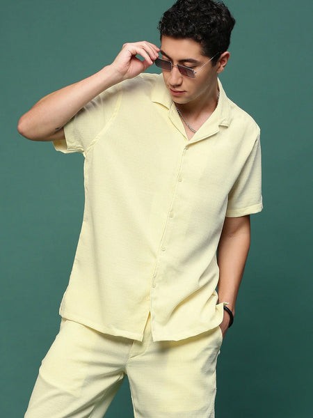 Men Yellow Cuban Collar Solid Co Ords Set-Jethro-3280-Yellow