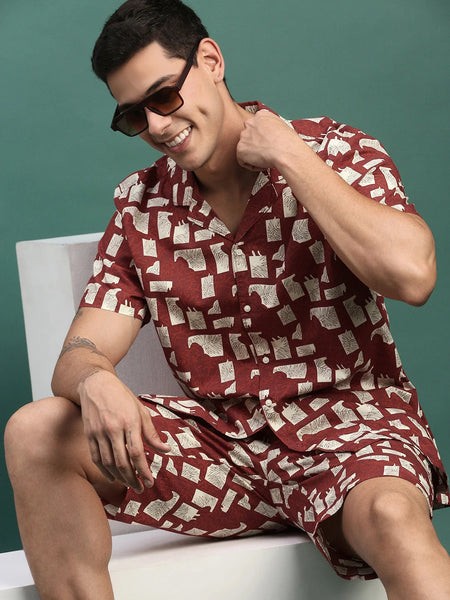 Men Printed Cuban Collar Maroon Relaxed Fit Co Ords Set-Lucas-3138-Maroon