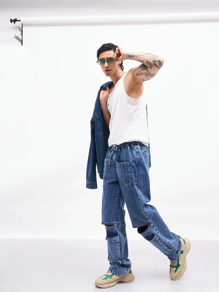 Men Blue Front Zipper Baggy Fit Jeans-MSJEAN0361