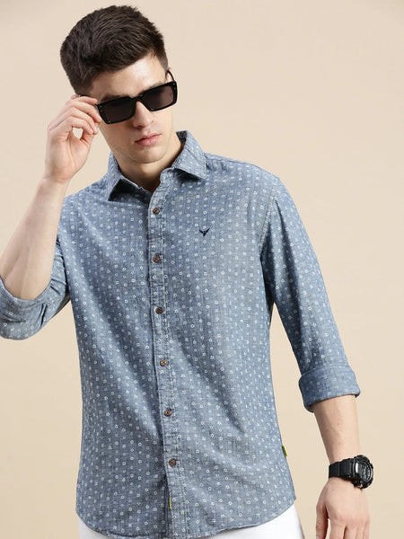 Men Spread Collar Printed Blue Shirt-Samprinteddenim-5183-Blue