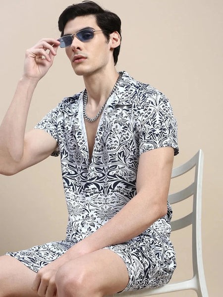 Men White Printed Casual Co ord Set-AM-92-12-White