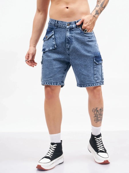 Men Blue Utility Pocket Denim Shorts-MSSHOR90065