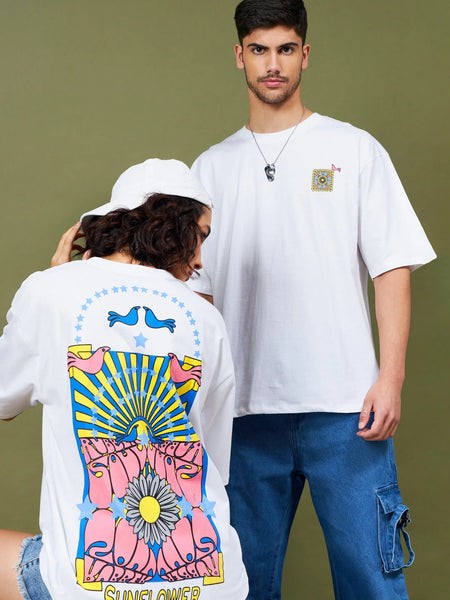 Unisex White SUNFLOWER Oversized T-Shirt-MSTOPS41432
