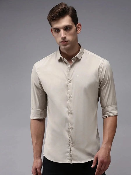 Men Beige Solid Casual Shirt-BOLDPLAINE-1606-Cream