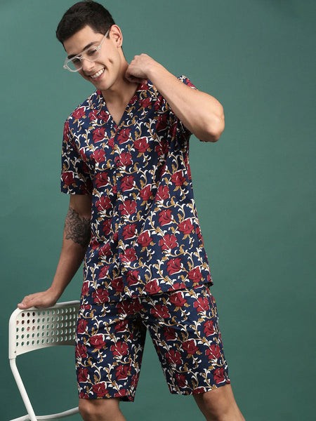 Men Printed Cuban Collar Navy Blue Relaxed Fit Co Ords Set-Lucas-3131-Navyblue