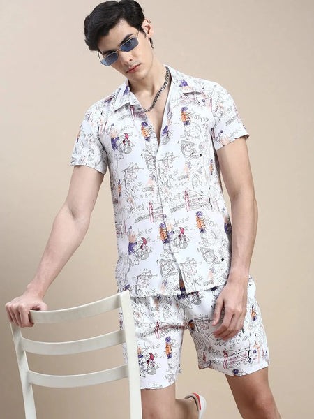 Men White Printed Casual Co ord Set-AM-92-8-Offwhite